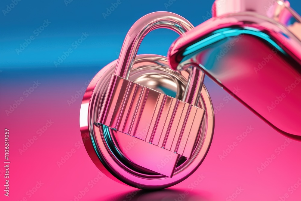 Poster abstract 3d render of a pink metallic padlock symbolizing security and protection