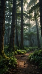 Fototapeta premium Magical ancient hidden forest with a serene atmosphere.