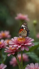 Magical butterfly landing on a pink flower.