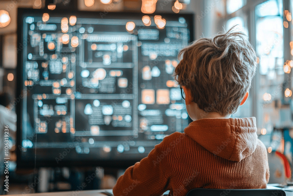 Poster child engaged in ai learning modern classroom digital display interactive environment curious viewpo
