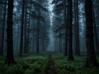 Obraz premium Magical foggy forest in moonlight.
