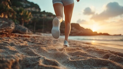 Woman running on a beach at sunset, healthy lifestyle, fitness, wellness, positive body image