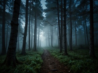 Obraz premium Magical foggy forest in moonlight.