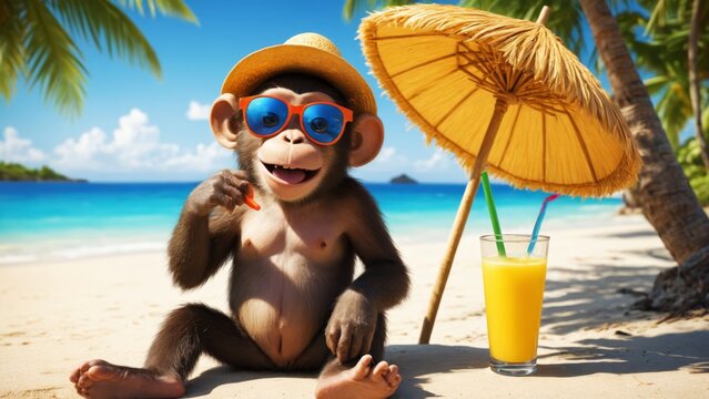 A cheerful monkey enjoying a tropical drink on a sunny beach paradise surrounded by palm trees