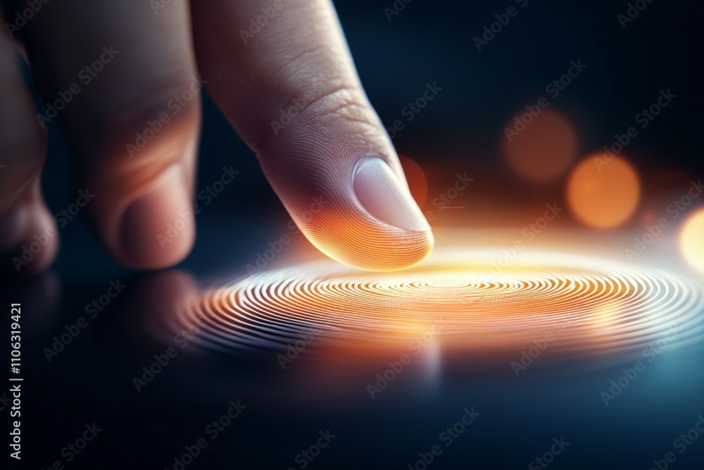 Poster close-up of fingertip touching glowing surface with circular patterns