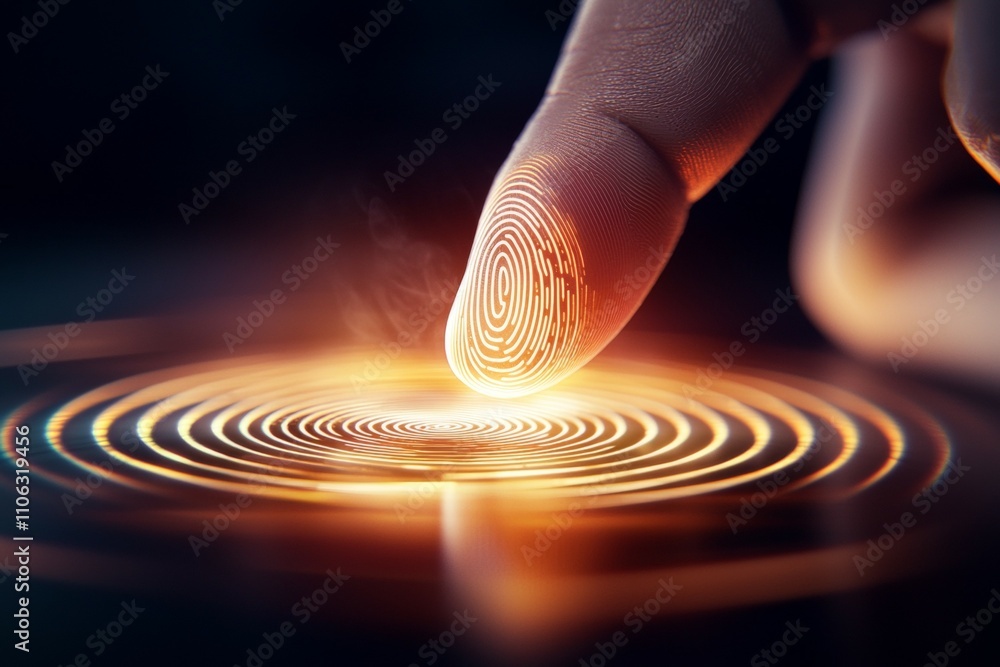 Poster finger touching a glowing digital interface with vibrant light patterns