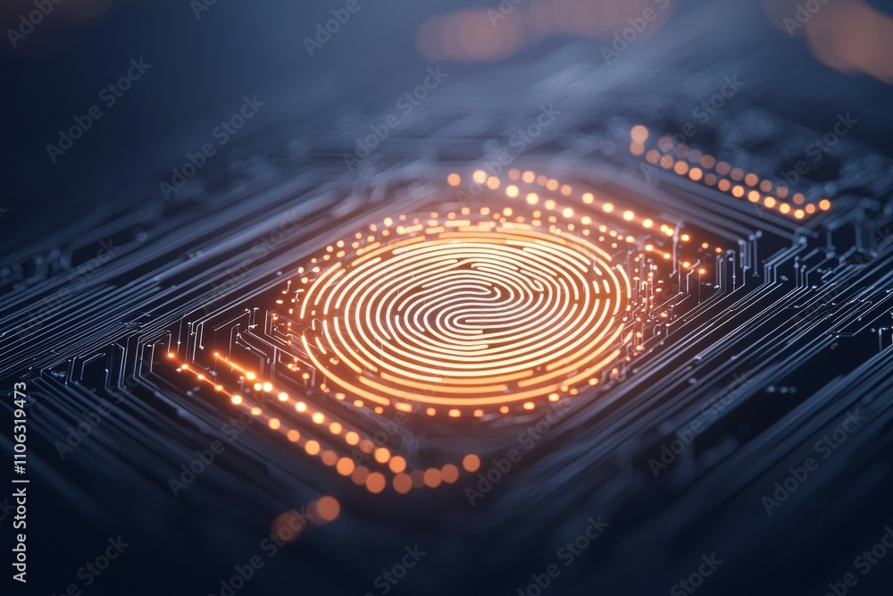 Poster glowing fingerprint on circuit board representing digital security technology