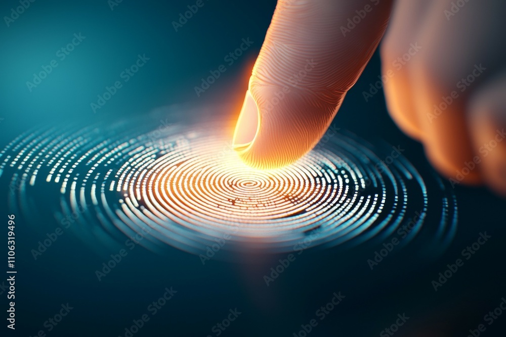 Poster glowing finger touching futuristic digital fingerprint for security verification
