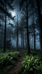 Magical forest with fog and moonlight.