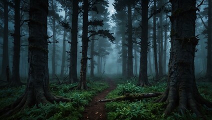 Fototapeta premium Magical hidden ancient forest with fog and moonlight.