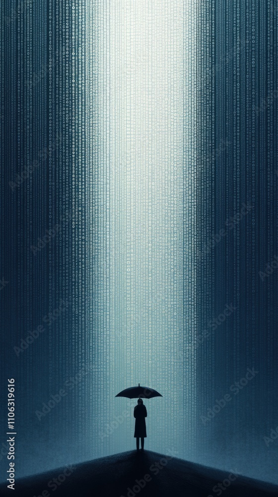 Poster a lone figure with an umbrella stands under a digital rain of binary code, ai