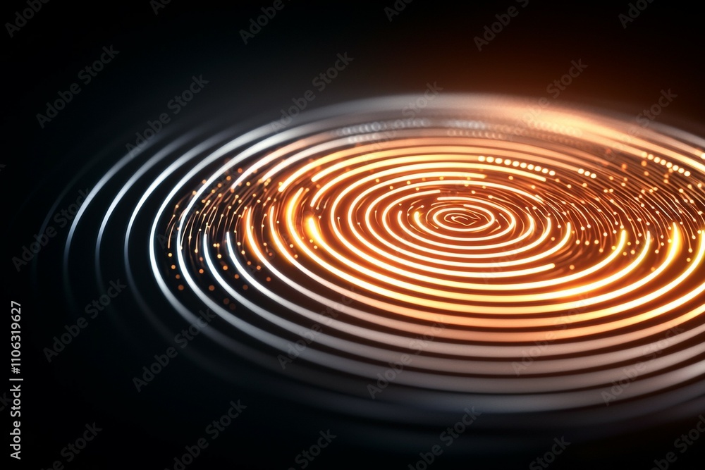 Poster glowing circular light pattern with concentric rings in dark background