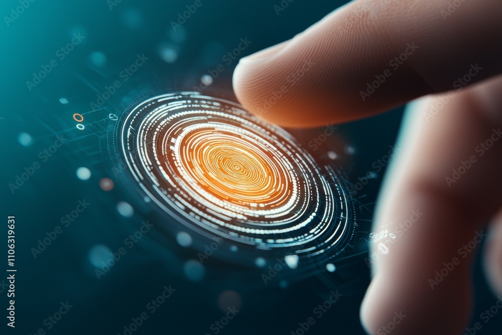 Poster finger touching digital interface with futuristic technology and biometric scan