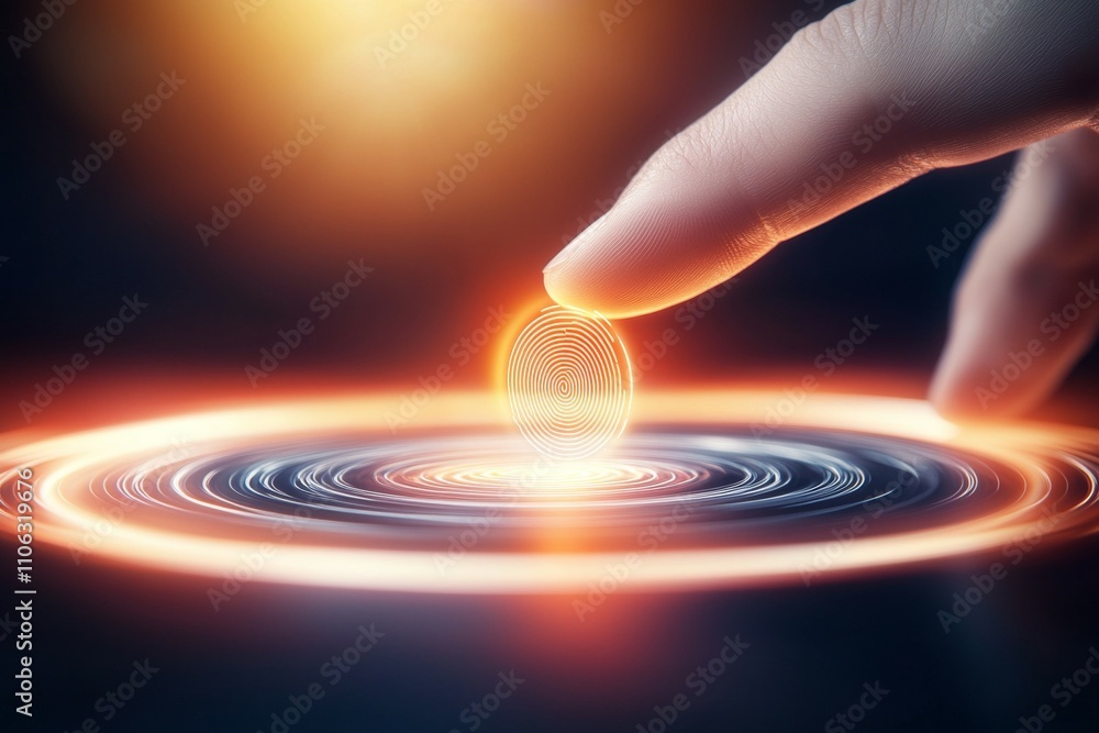 Poster futuristic touch: human finger creating digital ripple effect in glowing interface