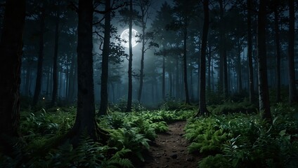 Obraz premium Magical moonlit forest scene with serene, hidden vibes.