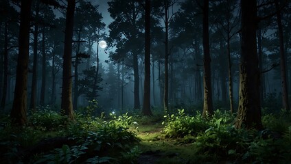 Fototapeta premium Magical moonlit forest scene with serene, hidden vibes.
