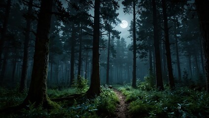 Fototapeta premium Magical moonlit forest scene with serene, hidden vibes.