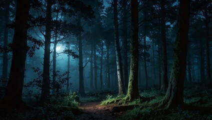 Fototapeta premium Magical moonlit twilight forest with serene atmosphere.