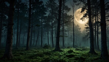 Fototapeta premium Magical moonlit twilight forest with serene atmosphere.