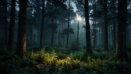 Obraz premium Magical moonlit twilight forest with serene atmosphere.