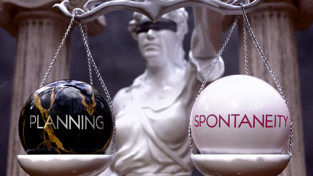 Planning or Spontaneity as a choice, two options to choose from. Greek statue presenting two alternatives: planning or spontaneity, weighing their values. Looking at pros and cons. ,3d illustration