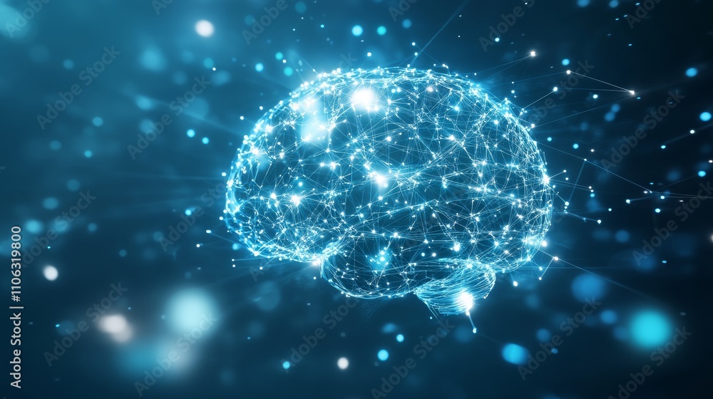Poster a digital depiction showcases a brain composed of luminous nodes and interconnected lines, symbolizi