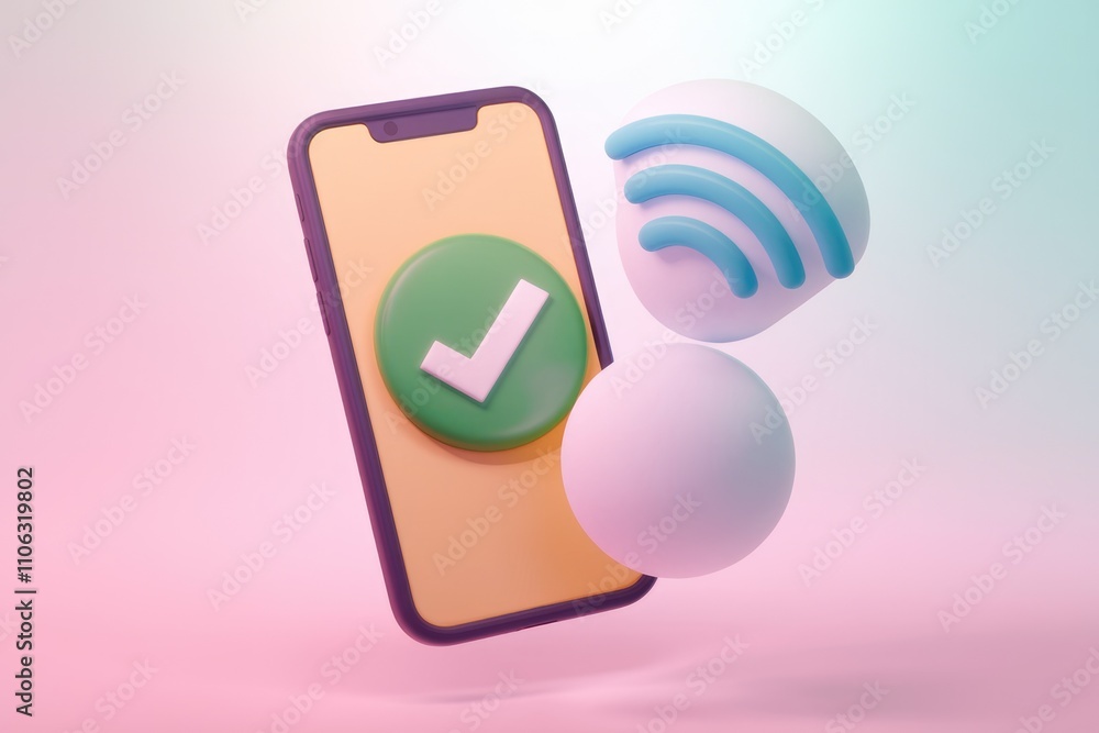 Poster 3D illustration of a smartphone with a checkmark and wifi symbol  signifying successful connection
