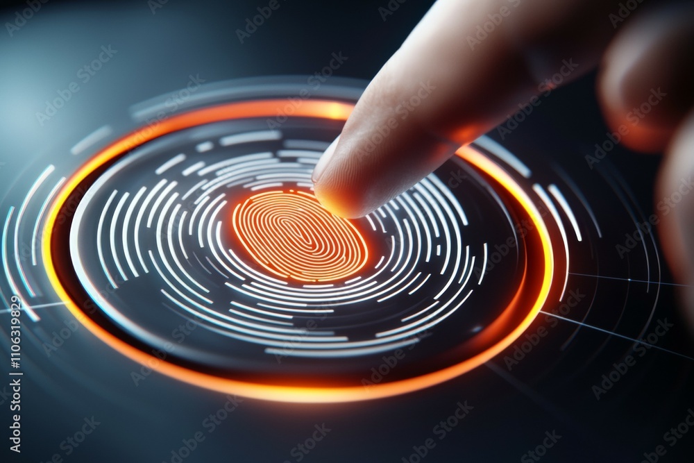 Poster futuristic fingerprint scanning interface with glowing orange elements