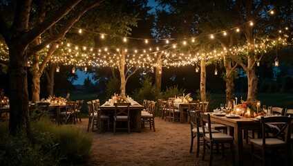 Fototapeta premium Magical outdoor setting with fairy lights, trees, and flowers.