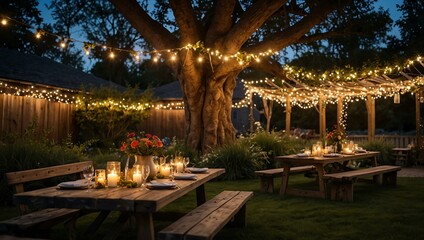 Obraz premium Magical outdoor setting with fairy lights, trees, and flowers.