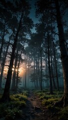 Obraz premium Magical twilight forest under moonlight.