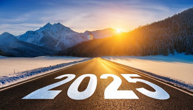 Stra&szlig;e in die Zukunft: 2025 auf dem Asphalt vor Bergkulisse