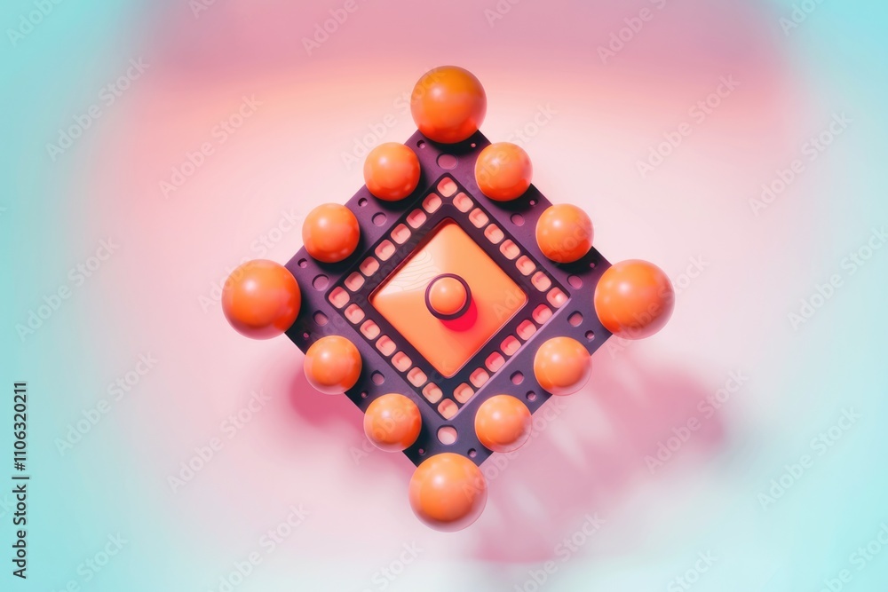 Leinwandbilder Abstract 3D render of a stylized CPU or microchip with orange spheres