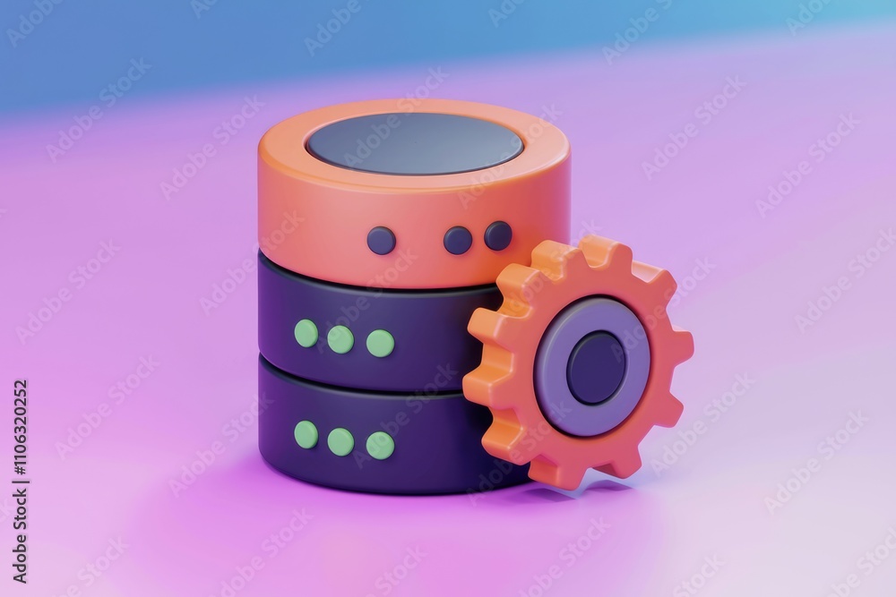 Fototapete 3D render of a database server with a gear  symbolizing data management and configuration