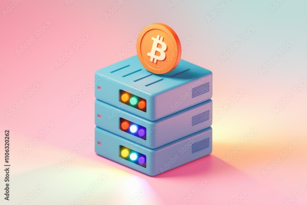 Poster Bitcoin on server stack symbolizes blockchain and currency mining.