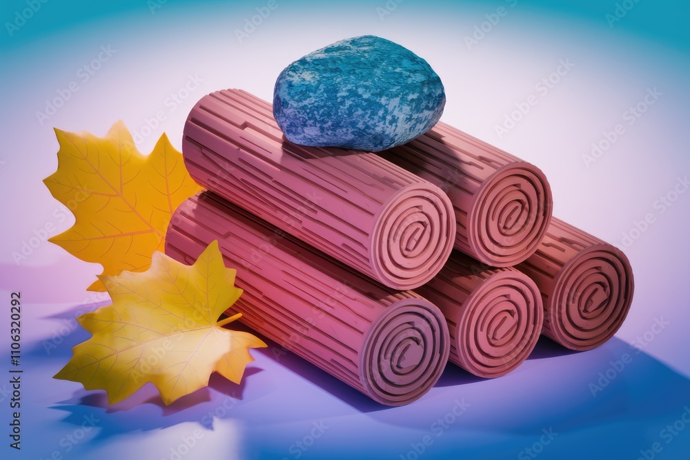 Poster stack of stylized logs with a stone on top and autumn leaves beside