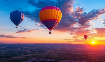 Obraz premium Hot air balloons drift gracefully over a vast landscape at sunset, filling the sky with vibrant colors
