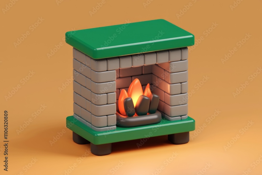 Poster a 3d rendering of a miniature fireplace with a burning fire