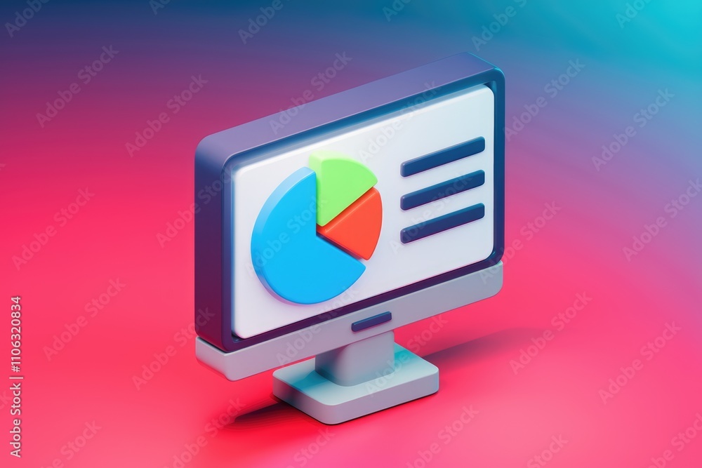 Poster 3D render of a computer screen displaying a pie chart and menu