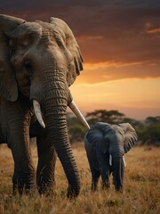 Naklejka premium Majestic African elephant family in a serene environment.