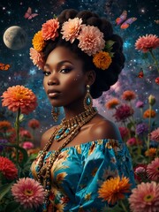 Majestic African princess surrounded by floral and cosmic wonders.