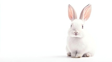Obraz premium A cute white rabbit with long ears sits calmly against a plain background. Its soft fur and gentle expression create an inviting and adorable atmosphere, perfect for animal lovers.