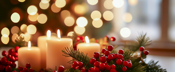 Glowing christmas candles with pine and red berries in warm bokeh