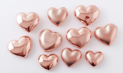 Rose gold hearts collection, various sizes and textures, shiny and matte finishes, decorative elements, romantic theme