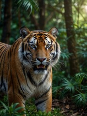 Fototapeta premium Majestic Bengal tiger roaring in a lush jungle.