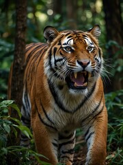 Obraz premium Majestic Bengal tiger roaring in a lush jungle.