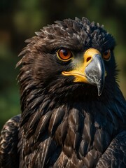Fototapeta premium Majestic black eagle with piercing eyes, symbolizing power.