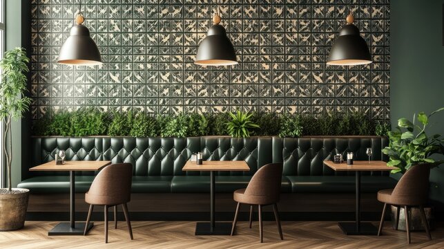 Modern restaurant interior with green leather booth seating, wooden tables, pendant lights, and patterned wall.