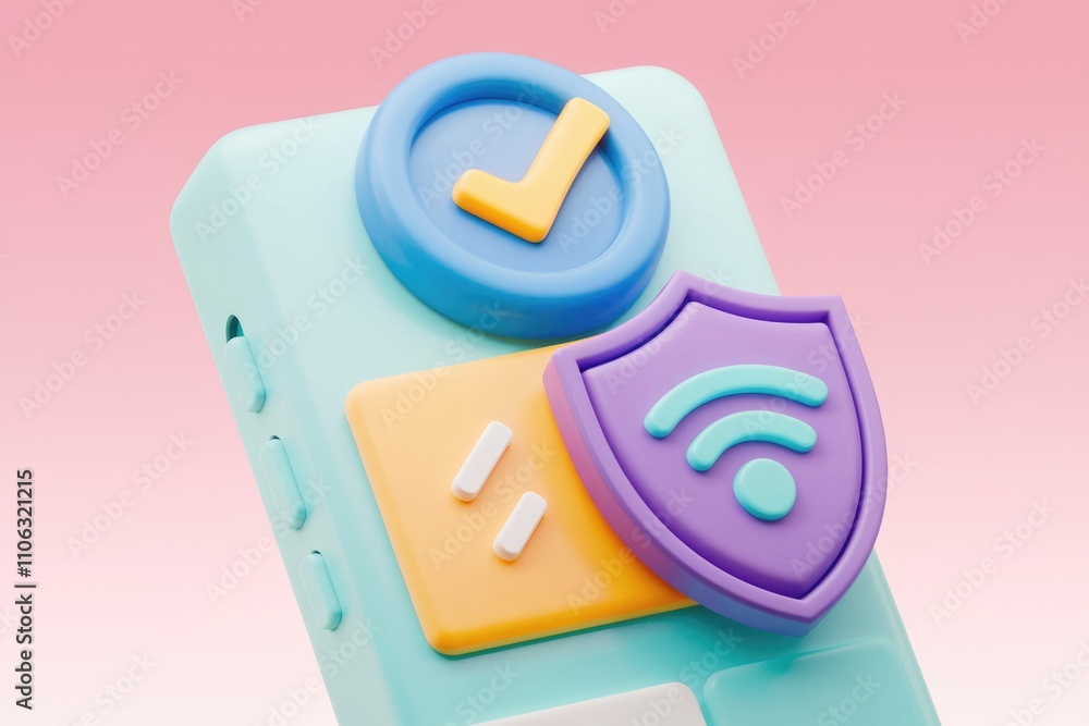 Poster 3D render of pastel colored phone app icons representing security  wifi  and settings