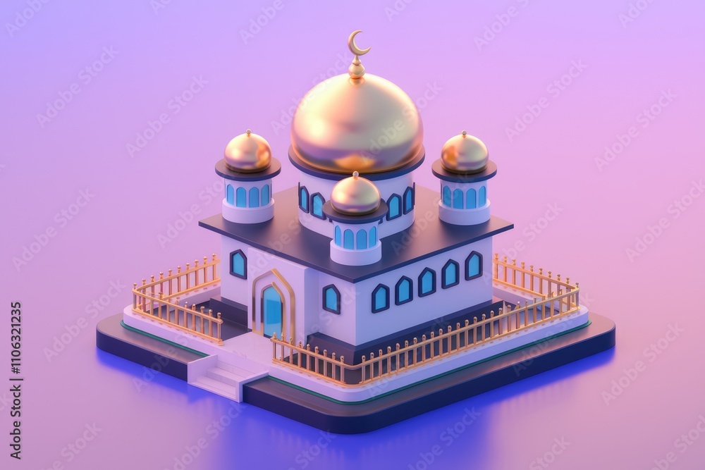 Poster isometric 3d model of a mosque with golden domes and minarets